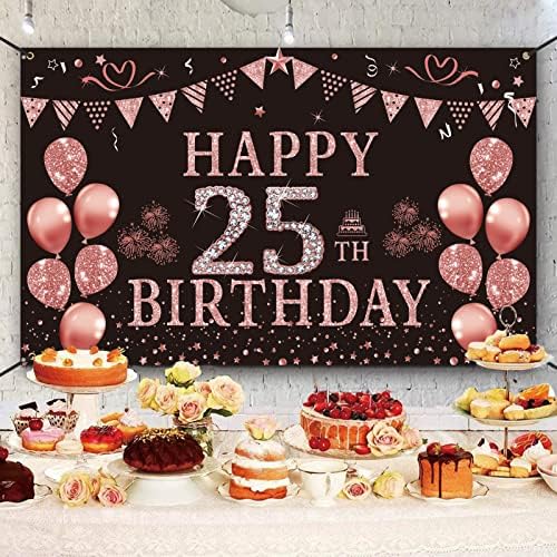 יום הולדת שמח 25 יום הולדת קישוטים לנשים, ורוד עלה זהב 25 יום הולדת רקע באנר,עשרים וחמש שנים מסיבת יום