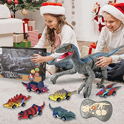 שלט רחוק דינוזאור צעצוע ולוצירפטור לילדים עם 6 למשוך בחזרה דינוזאור מכוניות, הליכה רובוט דינוזאור עם