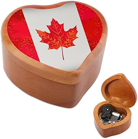 דגל מייפל קנדי ​​קופסת מוסיקה מעץ קופסת מעץ צורה בלב צורת קופסאות מוזיקליות מודפסות ליום הולדת