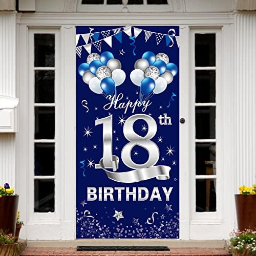 כחול כסף 18 יום הולדת דלת באנר קישוטים, שמח 18 יום הולדת דלת כיסוי סימן ספקי צד עבור בנים, מתוק 18 שנה ישן יום