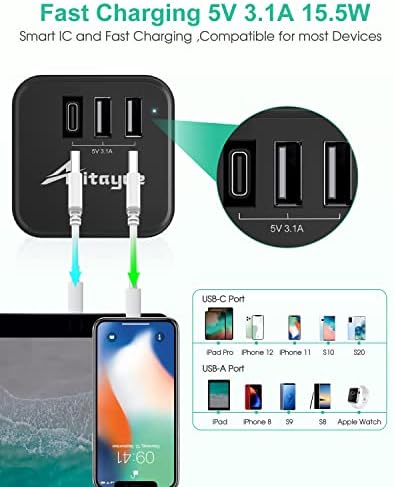 Alitayee outlet מאריך, תקע אפרט עם 3 יציאות USB, מפצל יציאת USB, USB C Multi Plug Outlet, תקעים USB לשקע