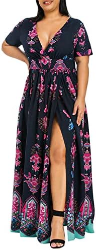 נשים בתוספת גודל מקסי שמלות בוהמי סגנון פרפר הדפסת עמוק עם צווארון קצר שרוולים מקרית ארוך חוף שמש שמלה