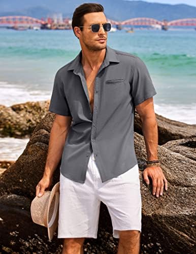 קופנדי גברים מקרית פשתן חולצה קצר שרוול כפתור למטה חולצה קיץ חוף הוואי חולצות