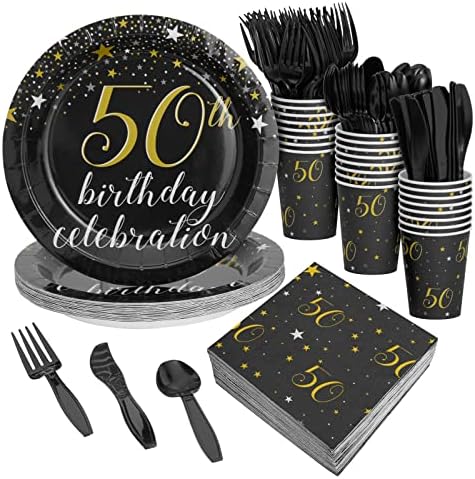 144 חתיכות 50 יום הולדת ספקי צד עם נייר צלחות, מפיות, כוסות, סכו