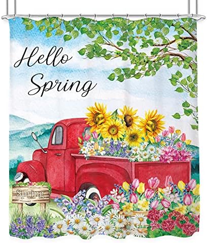 KOMLLEX שלום אביב אביב וילון מקלחת משאית אדומה לעיצוב אמבטיה 60WX72H אינץ 'צבעי מים פרחוני טנדר כפרי בית