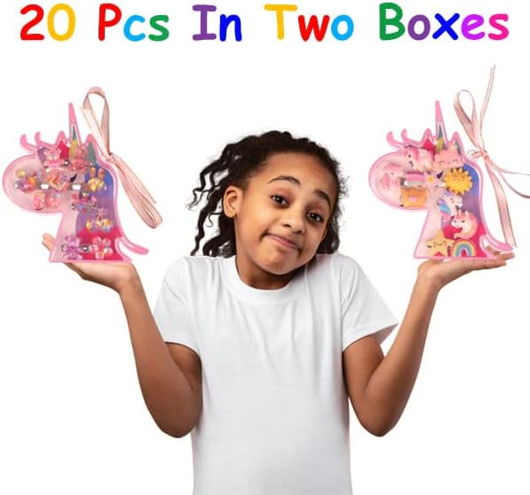 ADRIONE טבעות ילדים מתכווננות לבנות - 20 ספירה טבעות ילדה קטנות לא משופעות בתאומים קופסאות חד קרן, מתנות תכשיטים