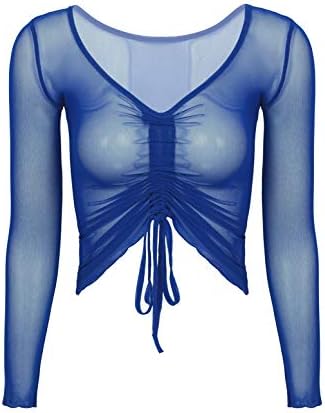 יונגהס שרוול ארוך לנשים חולצה חולצה סקסית עמוקה V צוואר רשת שרת רשת רואים דרך יבול עליון יוגה חדר כושר