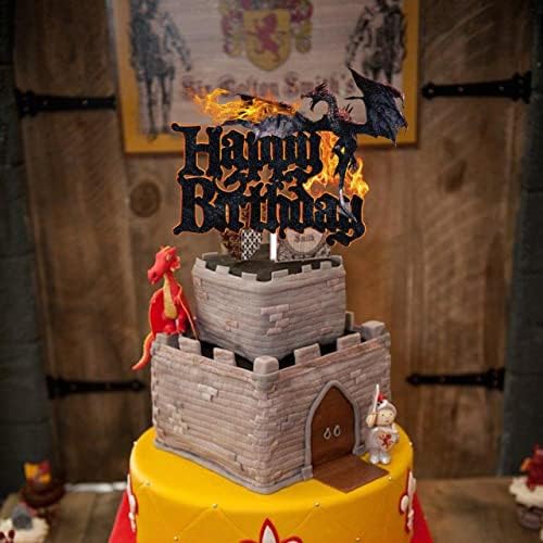דרקון יום הולדת שמח עוגת טופר שחור גליטר דרקון אביר נושא יום הולדת עוגת דקור דרקון משחק מסיבת