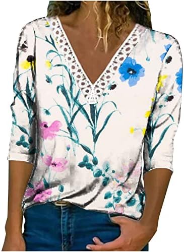 נשים תחרה נ 'צוואר 3/4 חולצות שרוול חולצות מזדמנים תחרה פרחונית סרוגה בוהו חולצה וינטג' טוניקה אלגנטית