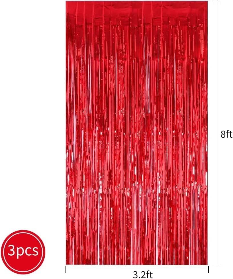טונליון 3 יחידות אדום טינסל טינסל רדיד וילונות שוליים, 3.2ft*8ft אדום פוטון תאי זרם רקד, אבזרי