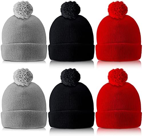 6 חתיכות גברים סרוג נשים פום פום כובע סרוג כובע חורפי יוניסקס עם כדור בכובע החורף העליון עם שרוול