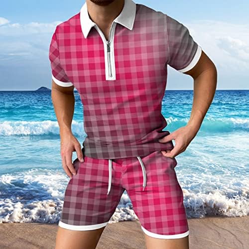 XXBR Mens קיץ 2 ערכות חתיכות משובצות הדפסה משובצת משובצת שרוול קצר חולצות פולו חולצות גולף מכנסיים קצרים