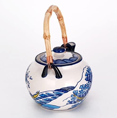 אוסף הינומארו בסגנון יפני הוקוסאי קנגאווה עיצוב גל 25 FL OZ קרמיקה קומקום עם ידית ראטן ו -4 כוסות