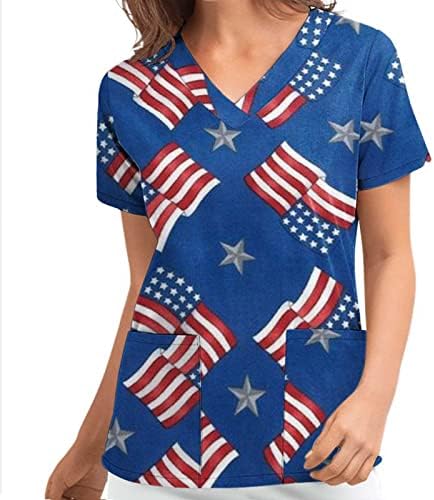 חולצת קיץ לנשים יום העצמאות של נשים צווארון שרוול קצר מודפס כיס חולצה עליונה כותנה וספנדקס