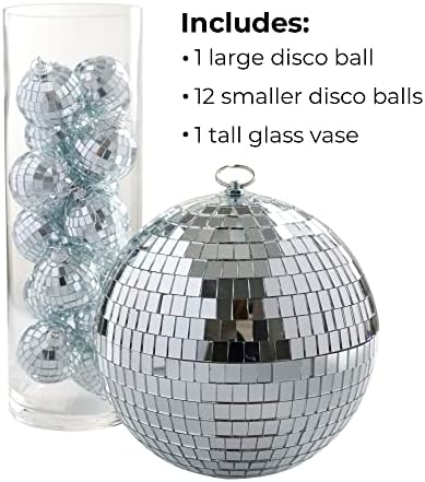 קישוטים לעיצוב עיצוב של מסיבת דיסקו, כדור מראה גדול בגודל 7 אינץ ', אגרטל זכוכית בגודל 12 אינץ' בקוטר 4 אינץ
