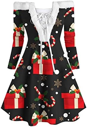 נשים שמלת אופנה, סנטה קלאוס הדפסת ארוך שרוול תחרה עד צוואר שמלות קטיפה כבוי כתף מסיבת מיני שמלה