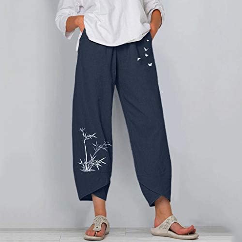 מקרית קיץ כותנה פשתן מכנסיים לנשים בבאגי ישר רגל מכנסיים גבוהה מותן חוף מכנסיים עם כיסים קומפי מכנסי