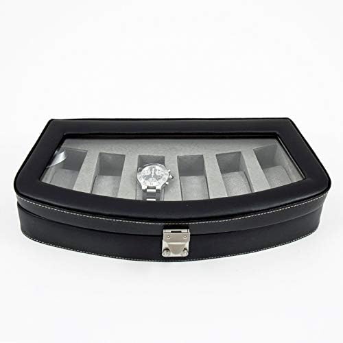 שעון קופסות - שחור עור שעון מקרה עם זכוכית למעלה-תיבת שעון-מחזיק שישה שעונים