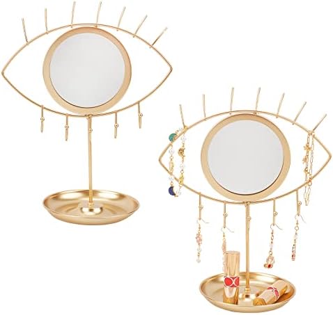 באופן מצחיק זהב עין מראה עם תכשיטי מחזיק איפור מראה עם 5 ווי שולחן מראת איפור לשולחן עבודה מראה
