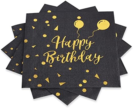 מפיות נייר יום הולדת שחור וזהב, מפיות קוקטייל משקאות מרובעים 20 מפיות מרובעות מפיות עם מילות נייר זהב יום הולדת