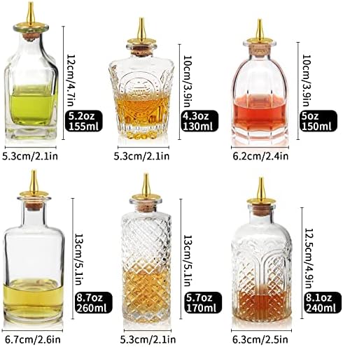 Suprobarware 6 חבילות בקבוק מריר לקוקטיילים - בקבוקי מזכוכית זכוכית עם מקף עליון ופקק בקבוק מתקן נהדר