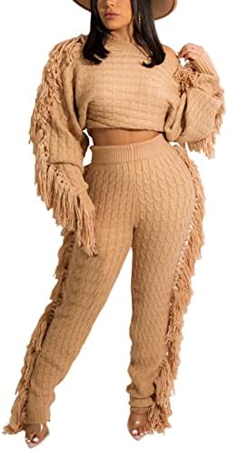 סוודר סטים לנשים כבל לסרוג 2 חתיכה תלבושות פרינג ' ארוך שרוול יבול למעלה גבוהה מותן ציצית מכנסיים סט