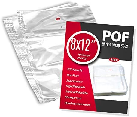 SIPA 8X12 אינץ '200 יחידות 100 מד POF POF חור שאינו מתנפץ שקיות עטוף שקיות ללא ריח מושלמות לעטיפת נייר מכתבים,
