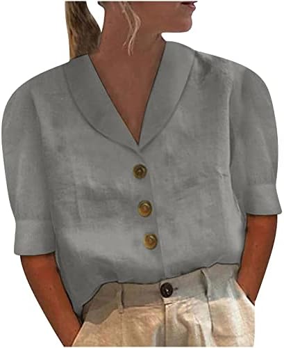 חולצות פשתן כותנה לנשים 2023 חצי שרוול חולצות משרדים כפתור למטה חולצות צוואר חולצות צוואר רופפות צמרות עסקיות