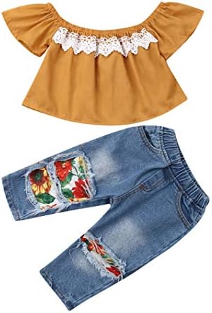LEFYIRA פעוטות תינוקות ג'ינס תלבושות מול צינור כתף עליון פרוע חולצה חמניות קרועות ג'ינס ג'ינס בגדי קיץ