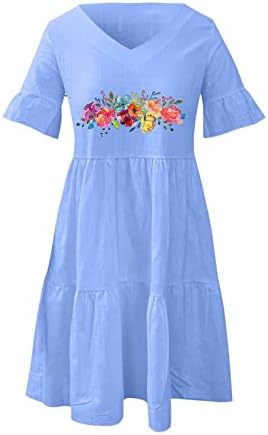 שמלת פשתן כותנה של הקיץ של HGNAY לנשים שרוול קצר נגד צוואר השמש אופנה פרחוני מודפסים שמלות כיס נדנדה קו קו