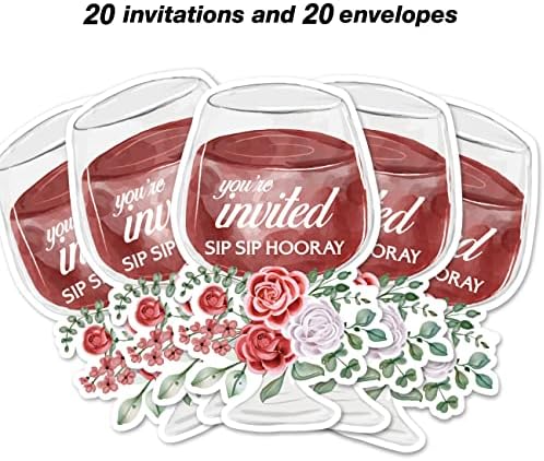 SIP SIP HOORAY הזמנות למסיבת יום הולדת עם מעטפות, 20 הזמנות בצורת כוס רוז סטים מסיבת הפתעה ליום