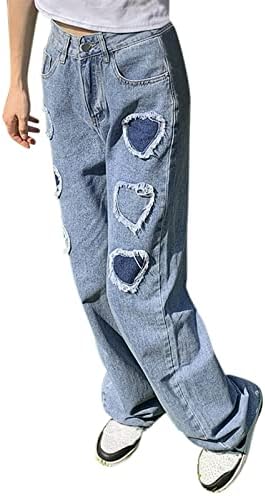 מכנסי רגל אהבה ישר רוכסן עם כיסים נשים בגודל ג'ינס בגודל ג'ינס ג'ינס טרנדי ג'ינס ג'ינס נשים מזדמנים מותניים