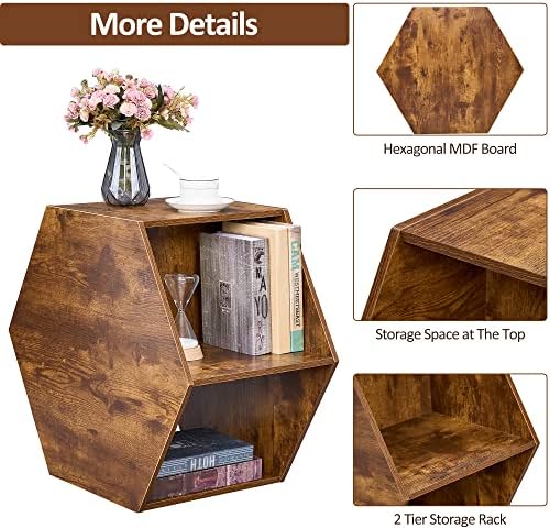 שולחן קפה קטן משושה עם אחסון פתוח, שולחן קצה עליון רב תכליתי, שידת לילה מודרנית מעץ טבעי חום לחדר