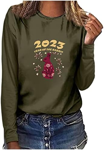 2023 שנה של ארנב חולצה שרוול ארוך נשים אופנה Prin Puntover Tunic חולצות חג חמוד חמוד חמולות צווארון חמוד