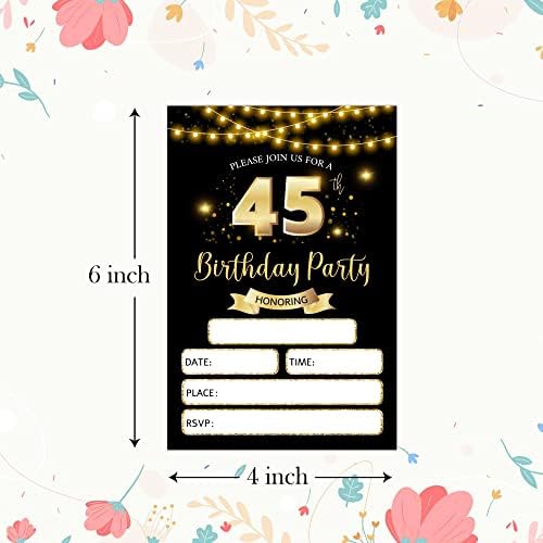 RLCNOT כרטיסי הזמנות ליום הולדת 45 עם מעטפות סט של 20 - הזמנות למסיבת יום הולדת זהב קלאסי זהב