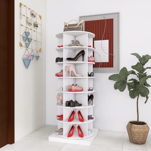YM Sky 360 מארגן מדפי נעליים מסתובבים מגדל: 7 דף נעל נעליים עץ לבן גבוה - ארון אחסון נעליים לארון