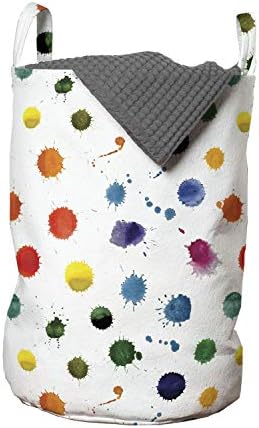 שק כביסה צבעוני, התזות צבע עיגול היוצרות נקודות פולקה צבעוניות חדר משחקים מופשט מודרני, סל סל עם