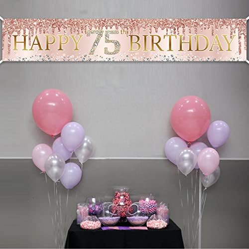 קישוטי באנר ליום הולדת 75 לנשים, ורוד ורוד זהב שמח 75 ציוד למסיבות באנר לחצר יום הולדת, עיצוב שלט יום הולדת