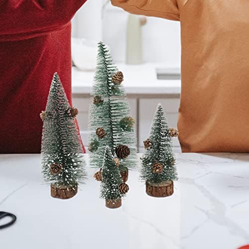 ABOOFAN 4PCS שלג כפור עץ חג המולד מיני עץ עץ עץ אורן עץ סיסל מיניאטורה עם חרוט אורן לחתכת שולחן מסיבות חג המולד