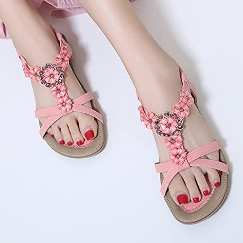 נעלי סנדלי חרוזים בוהמיות של נשים קיץ נוחות פלטפורמת חוף סנדלים שטוחים נעלי יהלום פרחוניות