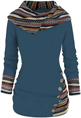 חולצות שרוול ארוך לנשים כפתור טלאים למטה סוודר א -סימטרי צמרת סוודר סריג עם ברדס מזדמן לא סדיר