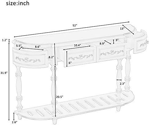 52 רטרו מעוקל קונסולת שולחן עץ כניסה שולחן עם 4 מגירות 1 אחסון מדף, ספה שולחן לסלון, מבואה, מטבח, כניסה, מסדרון,