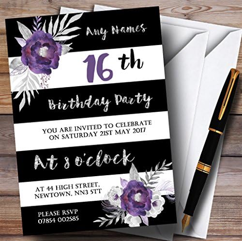 פרח סגול של כסף לבן שחור הזמנות למסיבת יום הולדת מותאמת אישית מ -16