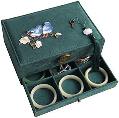 ארגון תכשיטים מארגן תכשיטים שכבה כפולה שכבה כפולה אחסון תכשיטים רקמה סינית עם מנעול עתיק חיצוני ופנימי שעון שעון