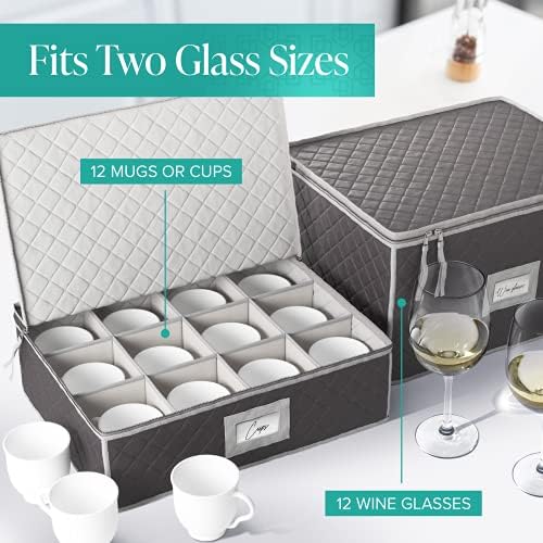 אחסון זכוכית יין של וופיט - סט של 2 מכולות אריזה מרופדות לספלים וכלי זכוכית - ערכת כוס גזע וקפה,