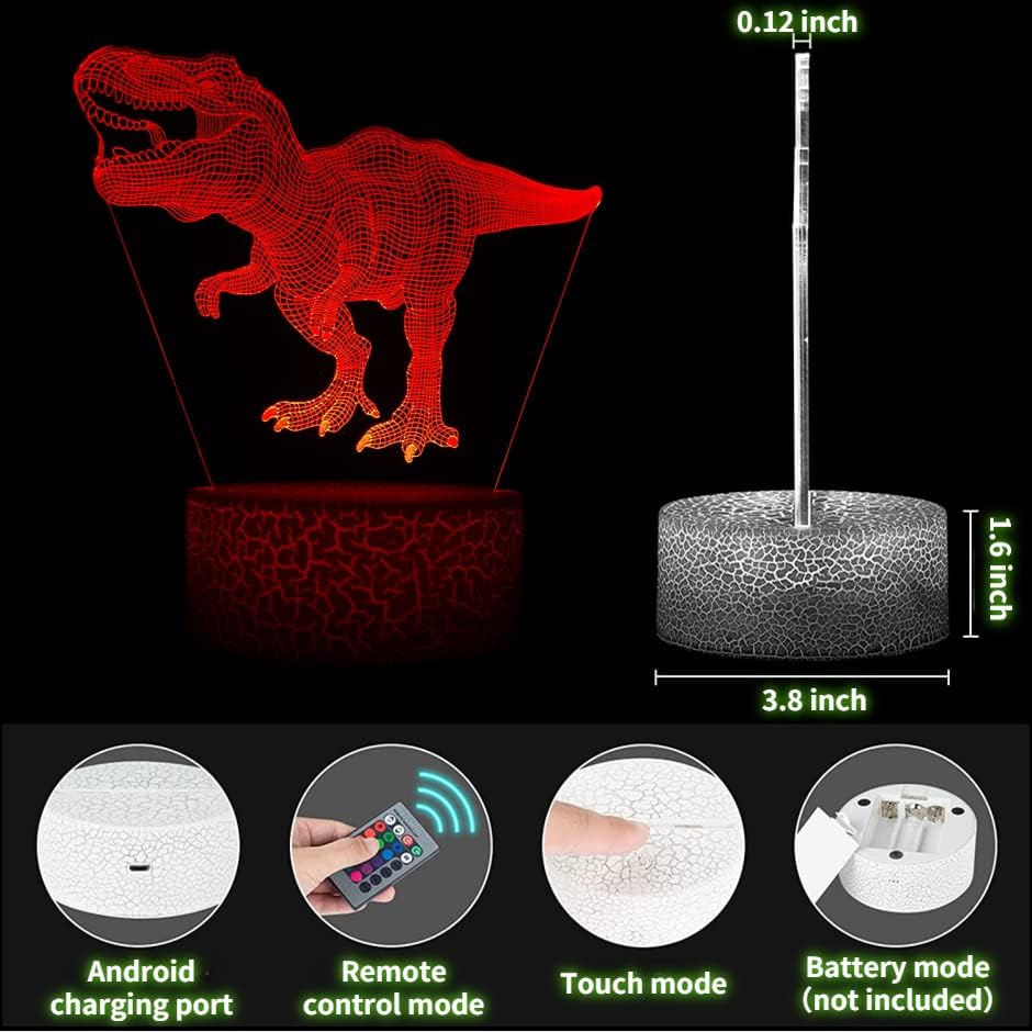 3ד דינוזאור לילה אור,4 דפוסים 3ד הולוגרמה אשליה מנורה,ניתן לעמעום שלט רחוק / חכם מגע,16 צבעים שינוי אור,