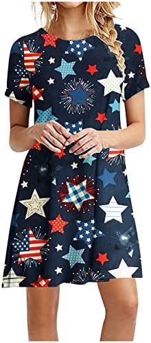 שמלת חולצה 4 ביולי לנשים יום העצמאות דגל אמריקאי שמלות מיני קצרות קיץ שרוול קצר צוואר שמלה קיצית