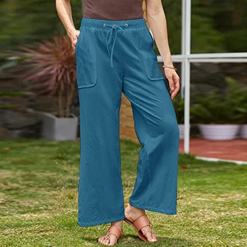 מכנסי פשתן בגודל MTSDJSKF פלוס, מכנסי פשתן עם מותניים גבוהים ומוצקים מכנסי פשתן רופפים רופפים עם כיסים נשים