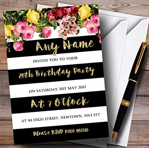 הזמנות למסיבת יום הולדת בהתאמה אישית של פינק פרחוני שחור שחור.