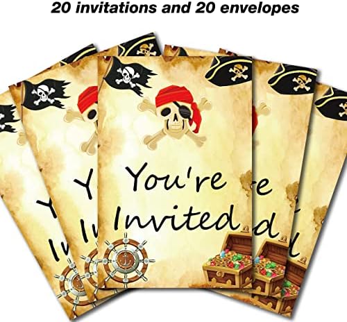 הזמנות למסיבת יום הולדת של פיראטים מערך מילוי של 20 עם מעטפות מפת אוצר מסיבת ילדים פיראטים מזמינה